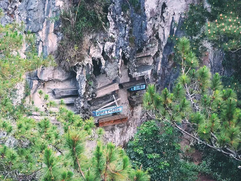 Los ataúdes colgantes se pueden ver de lejos desde una colina aledaña.