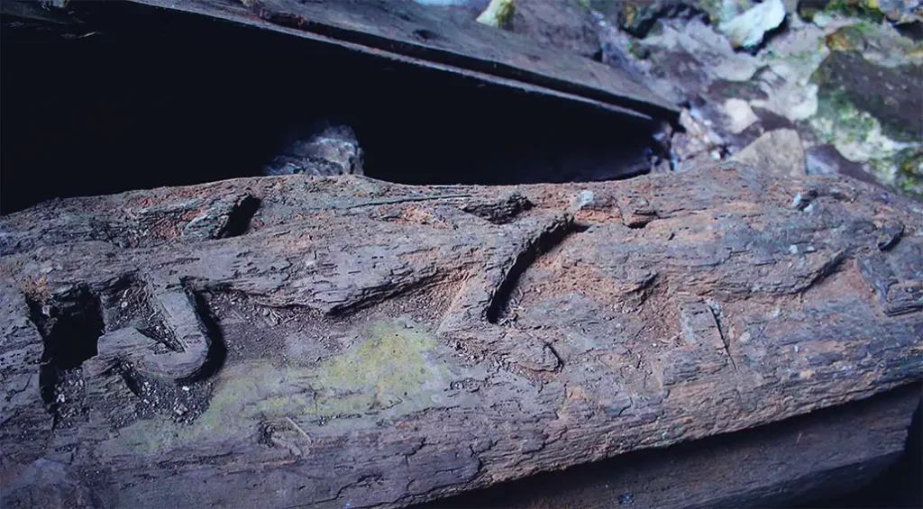 Al Norte Filipino • La Cueva Lumiang Un geco (o posiblemente una lagartija) tallada en un ataúd dentro de la cueva Lumiang.