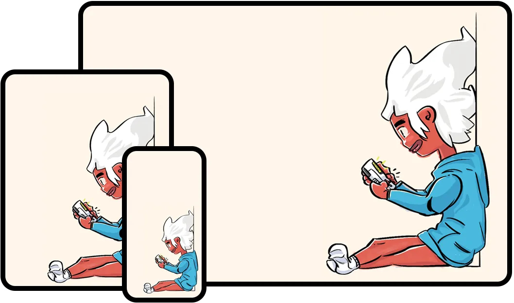 Ilustración de Astro jugando con un Game Boy en pantallas de varios tamaños.