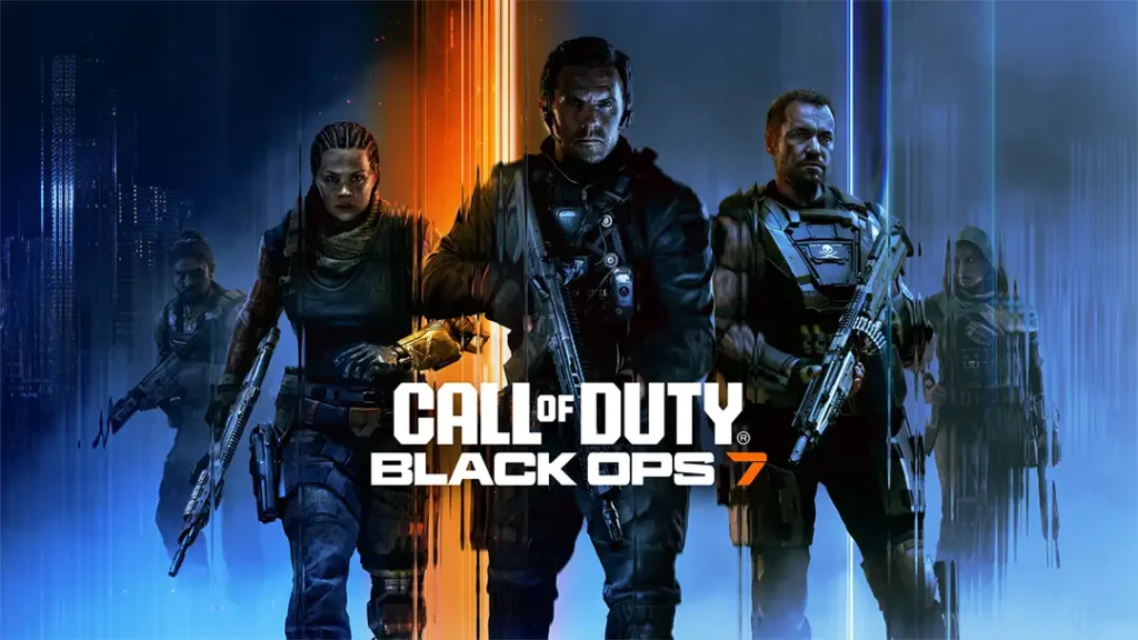 Imagen promocional de Call of Duty: Black Ops 7 mostrando al protagonista y su equipo.