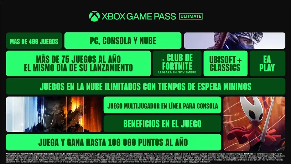 Imagen promocional mostrando las ventajas de Xbox Game Pass Ultimate