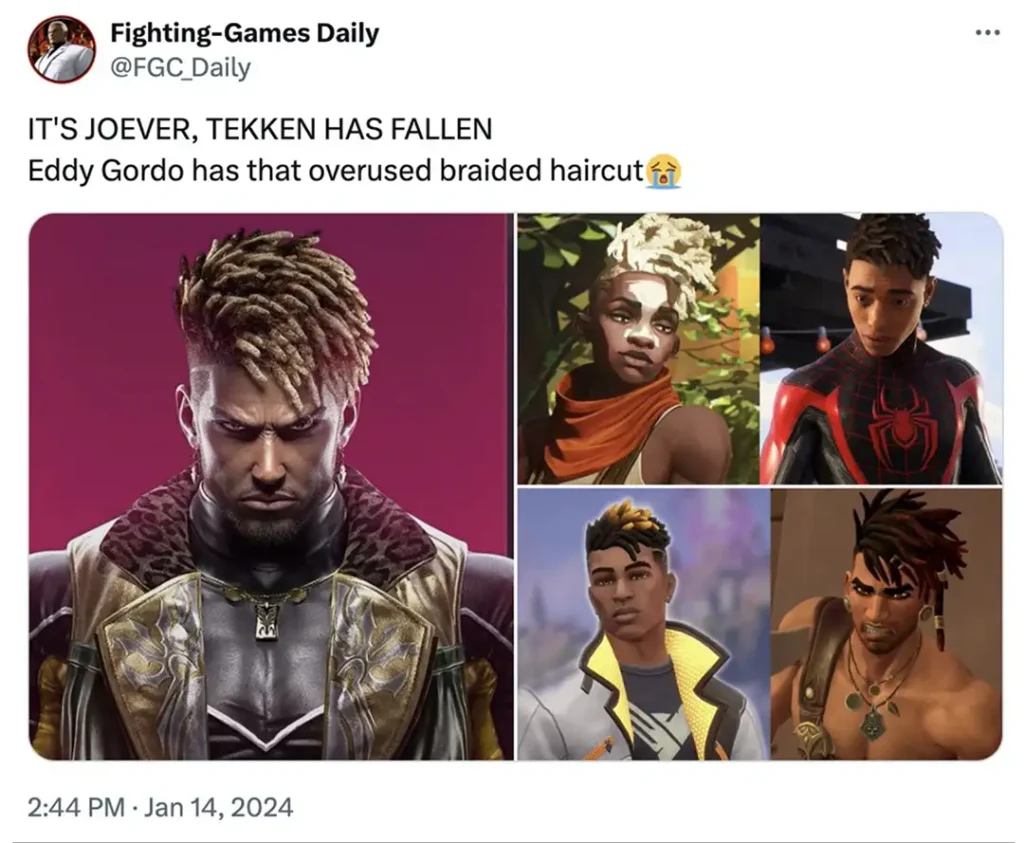 Un tweet muestra como varios personajes negros usan el mismo estilo cansado de cabello entre distintos juegos.