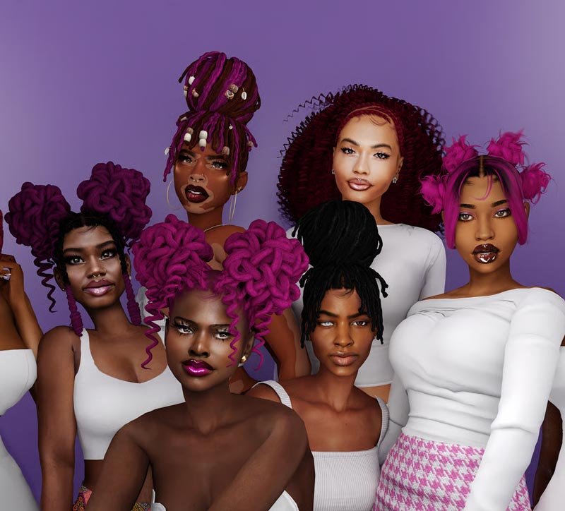 Varios estilos de cabello y tonos de piel. Ebonix crea accesorios y peinados para personajes en The Sims.