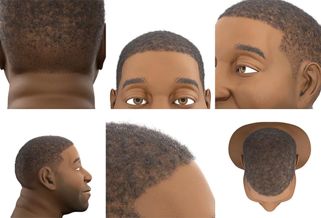 Un modelo generado por computadora simula cabello negro realista.