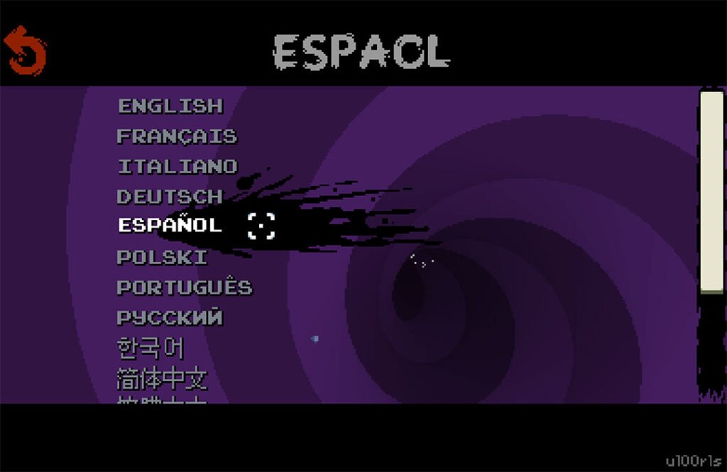 Captura de pantalla de Nuclear Throne mostrando los idiomas. Le falta a "ñ" al título del menú.