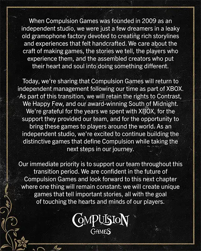 Carta de gracias por Compulsion Games